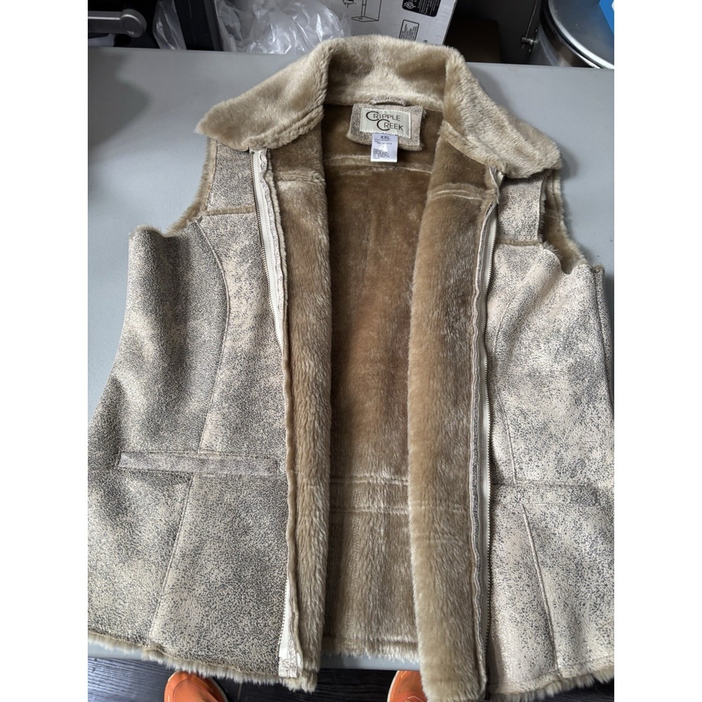 Cripple Creek Full Zip Up Vest Women Sz XXL Brown  Faux Fur lined Y2K‎